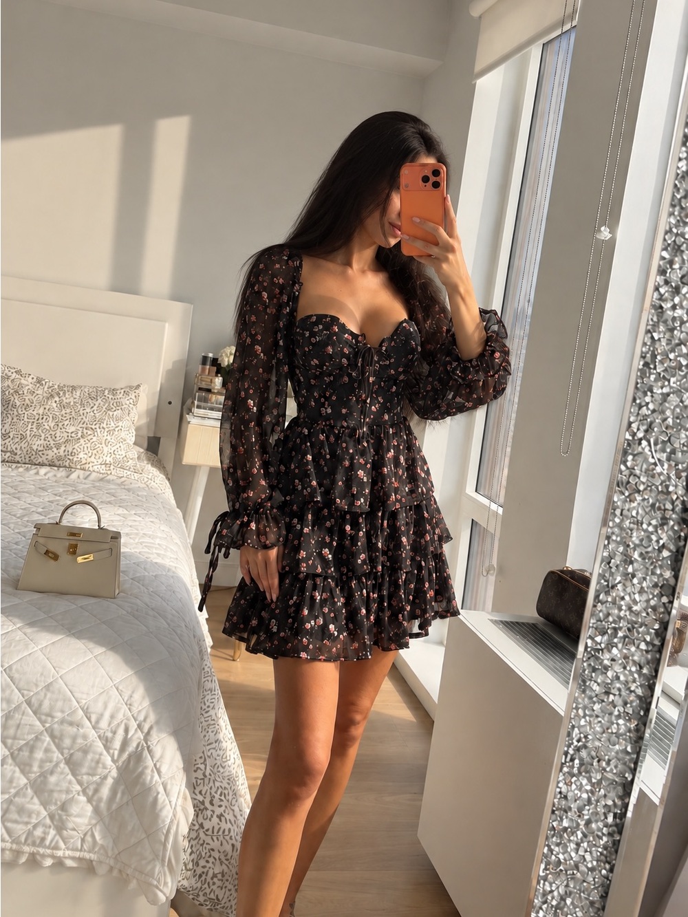 Floral Black Tiered Long-Sleeve Mini Dress